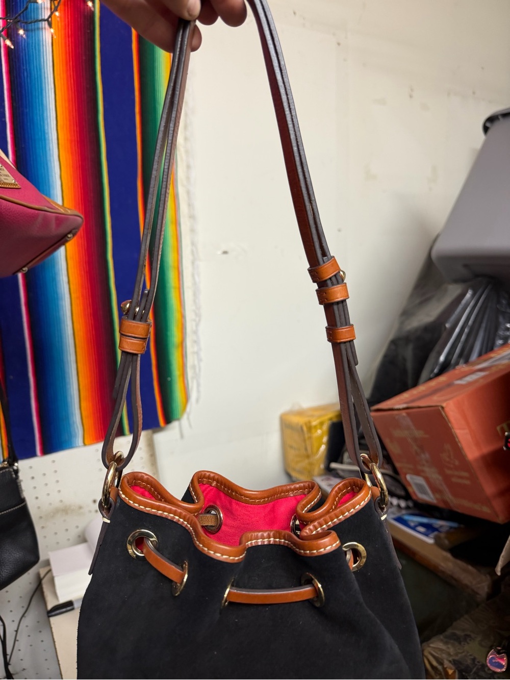 Dooney & Bourke Small Black Suede Bucket Bag with Tan Leather Trim - Picture 15 of 15